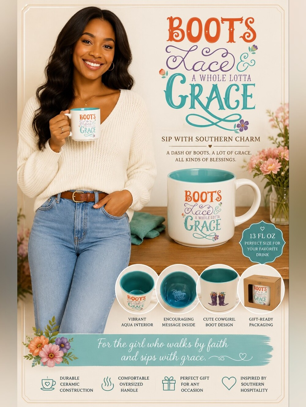 Boots, Lace & Grace Ceramic Coffee Mug | Southern Cowgirl Mug | Bless Your Soul